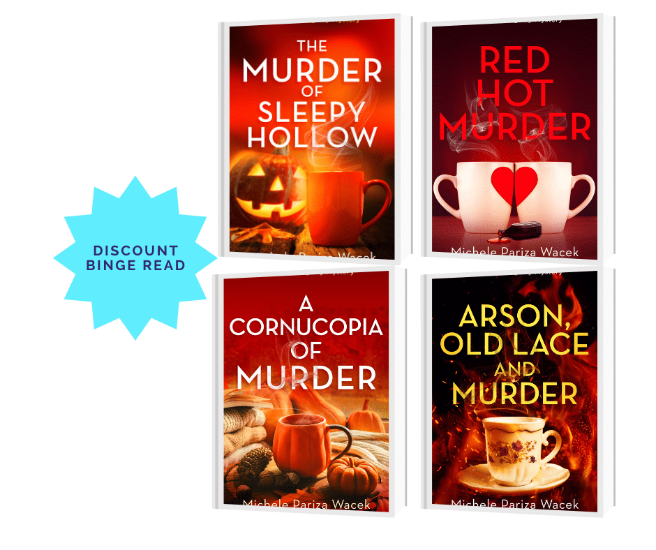 The covers for 4 Charlie Kingsley Mystery books: The Murder of Sleepy Hollow, Red Hot Murder, A Cornucopia of Murder and Arson, Old Lace and Murder, with a discount binge read sticker.