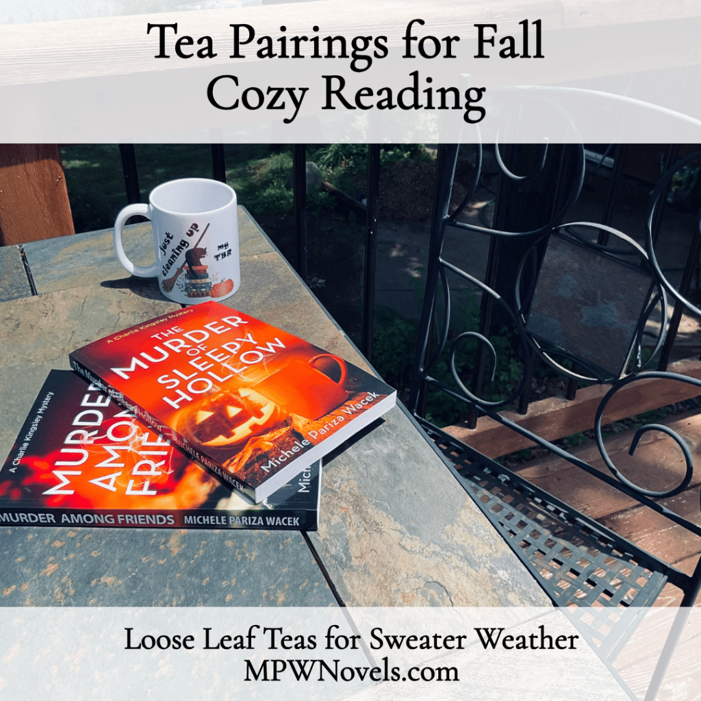 "Tea Pairings for Fall Cozy Reading" — The Murder of Sleepy Hollow and Murder Among Friends by Michele Pariza Wacek on an outdoor patio table with a Halloween-themed mug