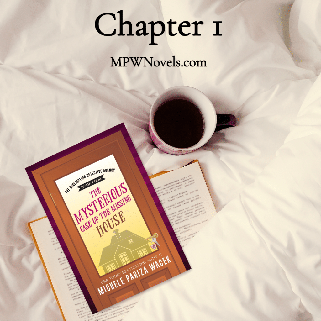 "The Mysterious Case of the Missing House" on a bed laying over another book on a bed with a cup of coffee. Text overlay: Chapter 1 MPWNovels.com