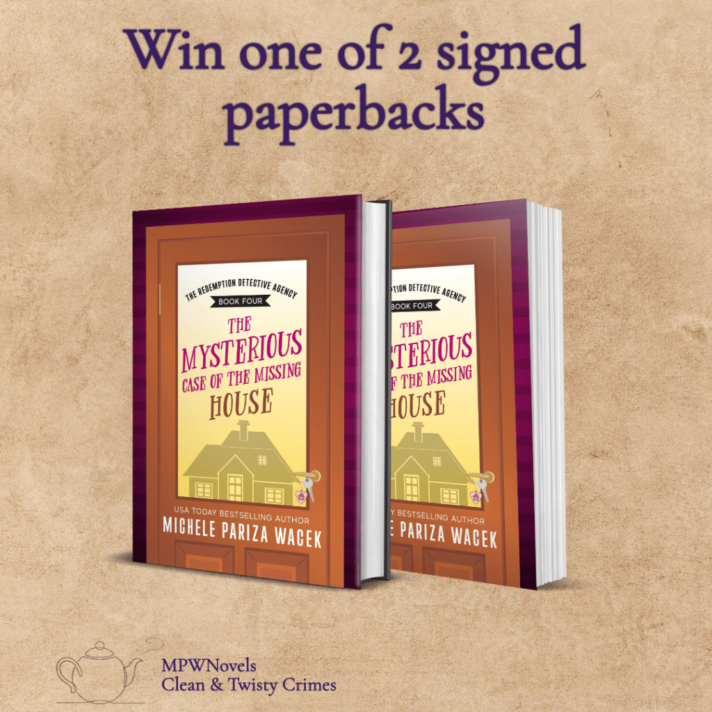 The Mysterious Case of the Missing House (2 books). Text overlay: Win one of 2 signed paperbacks.