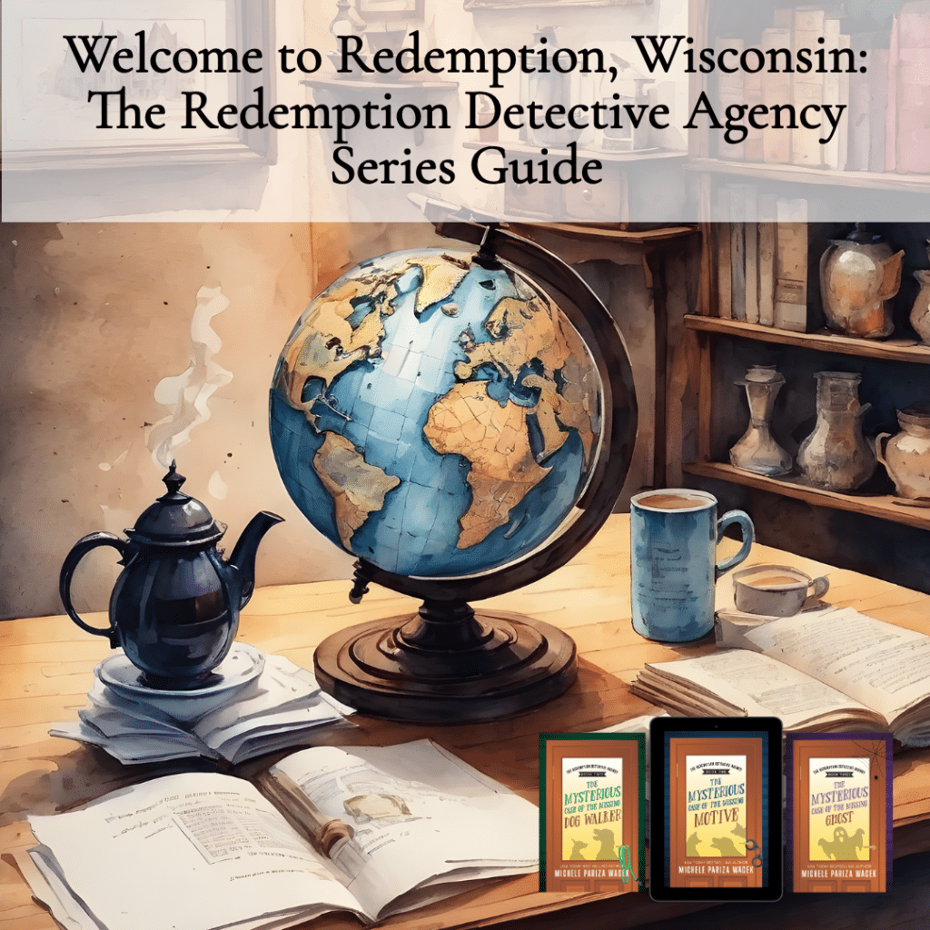 An illustrate drawing of a 1990s office with a tea pot, a mug, a globe and open files on a wooden desk with bookshelves filled with books behind. Text overlay: Welcome to Redemption, Wisconsin: The Redemption Detective Agency Series Guide