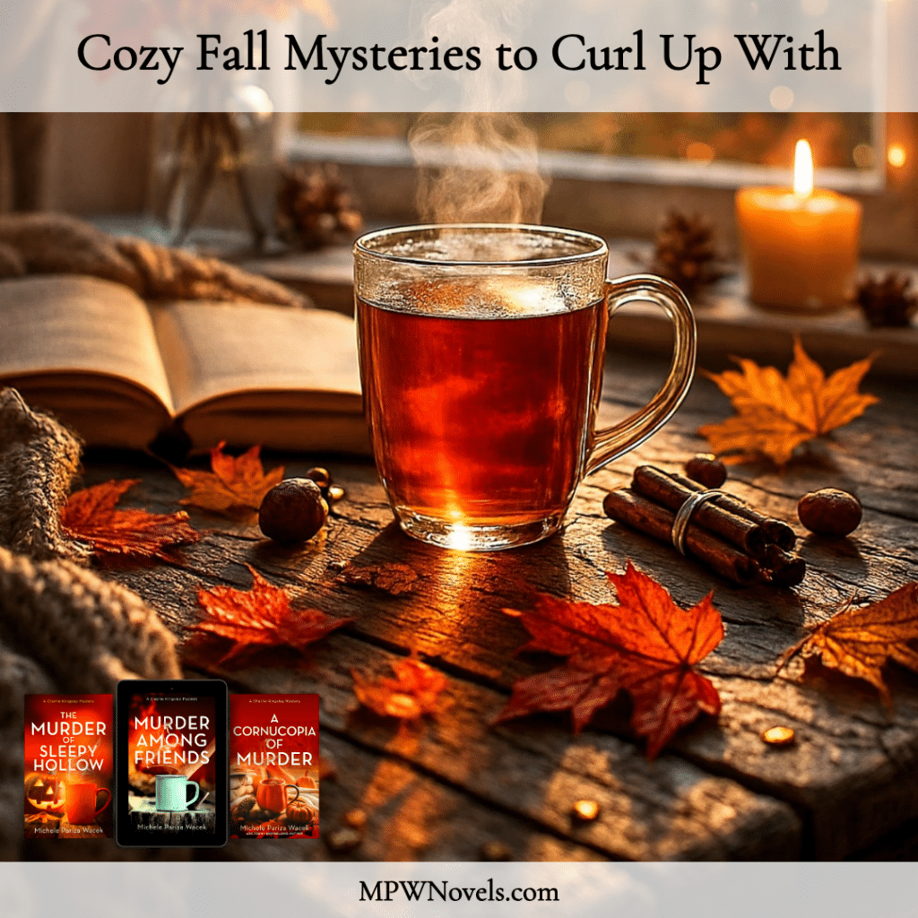 A fall scene with a cup of tea, an open book, a lit candle and lots of leaves with the covers of 3 fall Charlie Kingsley Mystery books in the corner. Text overlay Cozy Fall Mysteries to curl up with.